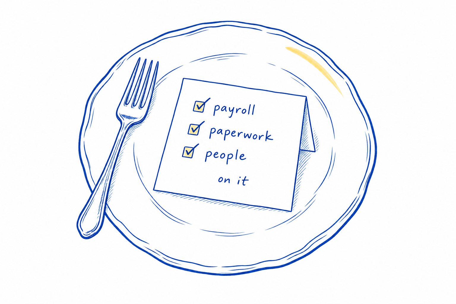 Hand-drawn plate with a checklist for payroll, paperwork and people